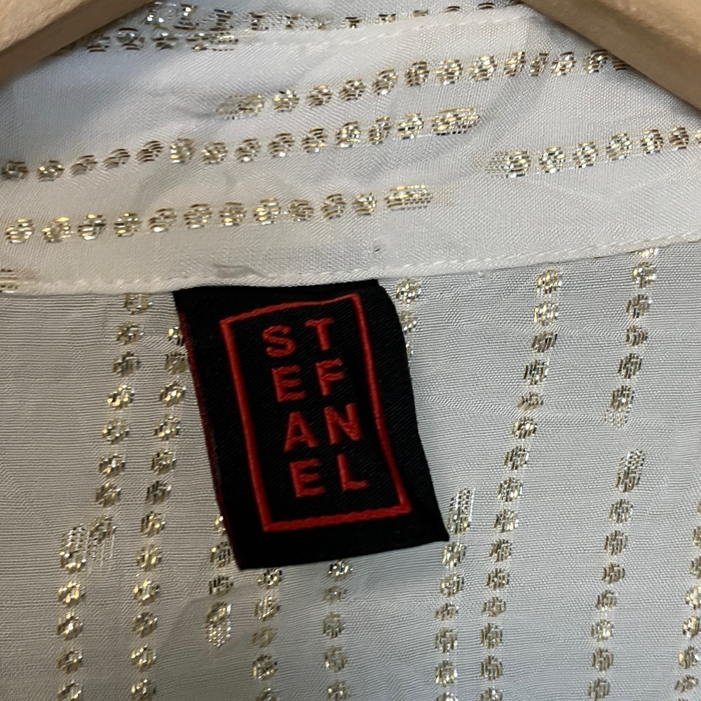Stefanel White Gold Metallic Thread Lurex Textured Button-Up Shirt - Picture 2 of 6